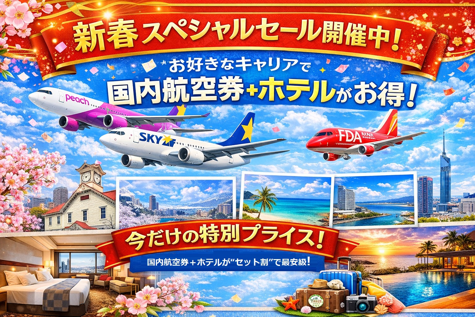 新春スペシャルセール完全ガイド：国内航空券＋ホテルが“セット割”で最安級！ スカイマーク／Peach／FDA／ソラシドエアを目的別に選ぶコツと、失敗しない予約手順